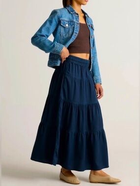 NWT QUINCE Vintage Wash Tencel Tiered Maxi Skirt Midnight Blue - Size XL